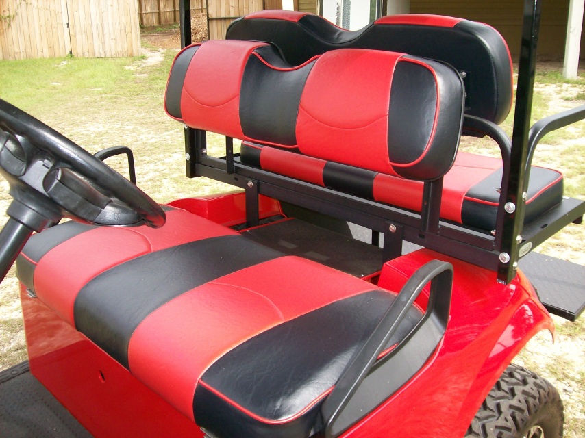 Black and Dardevil Red Stripes with Red Piping Deluxe Golf Cart Seat Covers