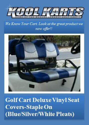 Custom Golf Cart Front Seat Replacement Covers Set Tri Color Blue Silver Gray Pleats - Club Car Ds Replacement Seat Covers